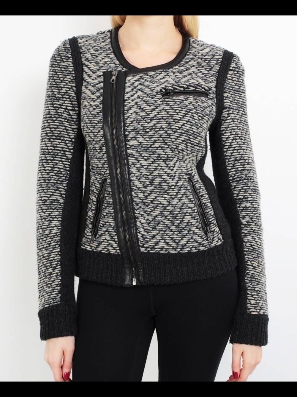 Rag & Bone Black and Gray Textured Zip-Front Bomber Moto Jacket Size M